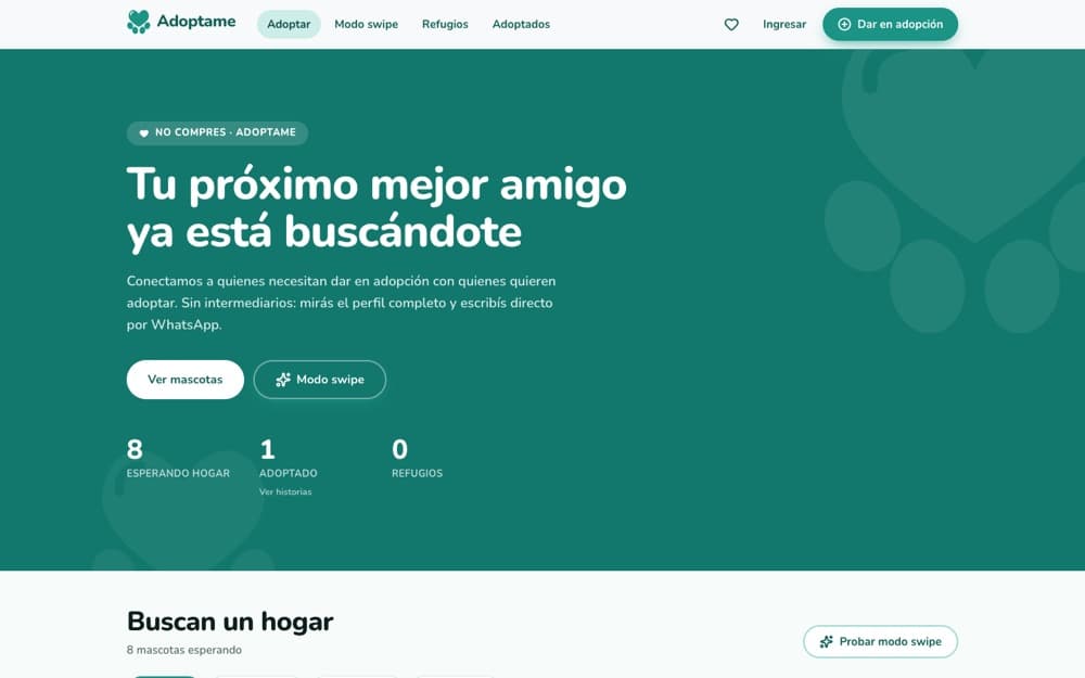 Captura del sitio de Adóptame